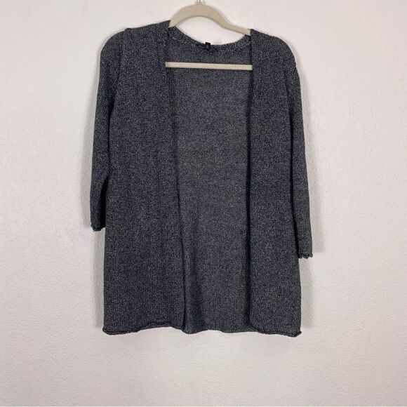 Eileen Fisher Navy Blue & Silver Knit Linen Blend Open Cardigan - Picture 1 of 6